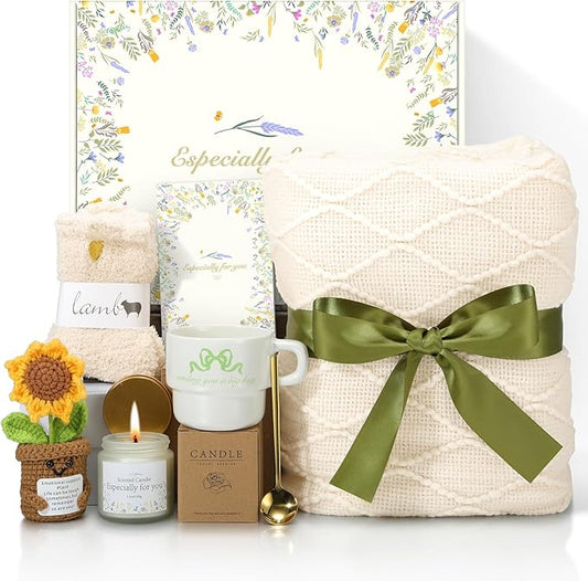 Get Well Gifts for Women Care Package - Surgery Recovery & Chemo Comfort Box, Feel Better Basket for Her After Miscarriage or Illness,Surgery Cancer, Encouraging Self-Care Gift(Green White)