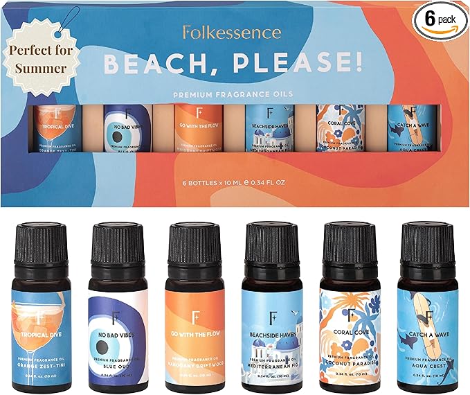 Folkulture Essential Oils for Home | Set of 6 (0.34 fl oz x 6) Beach Diffuser Oil for Relaxation | Coconut Essential Oil for Meditation | Aqua, Oud, Orange Zest Essential Oils for Women