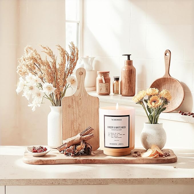 Hidden Label Ginger & White Musk Soy Candle, 12oz/75-Hour Burn Time, 100% Natural Soy Wax, Aromatherapy Candle for Stress Relief, Meditation, Yoga & Relaxation