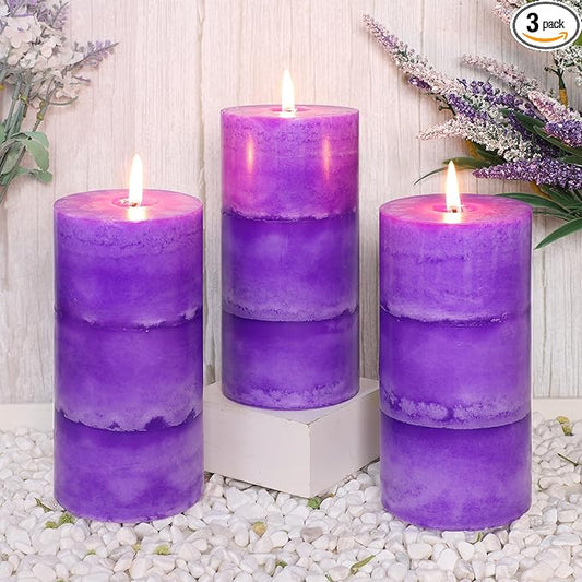 3" x 6" Handmade Pillar Candles Lavender Scented Purple Decorative Candles Long-Lasting Burn Air Clean Lavender Candles for Home Fragrance Rustic Room Centerpieces Wedding Decor,Set of 3