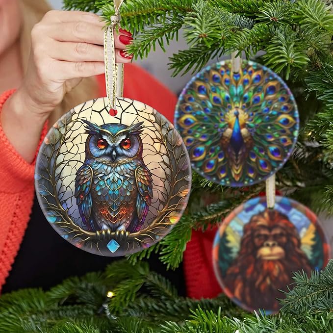 Christmas Ornament - Owl Decor Round Ceramic - Owl Hanging Ornament - Christmas Tree Decor - Owl Ornaments for Christmas Tree - Gifts for Owl Lovers - Owl Themed Gifts