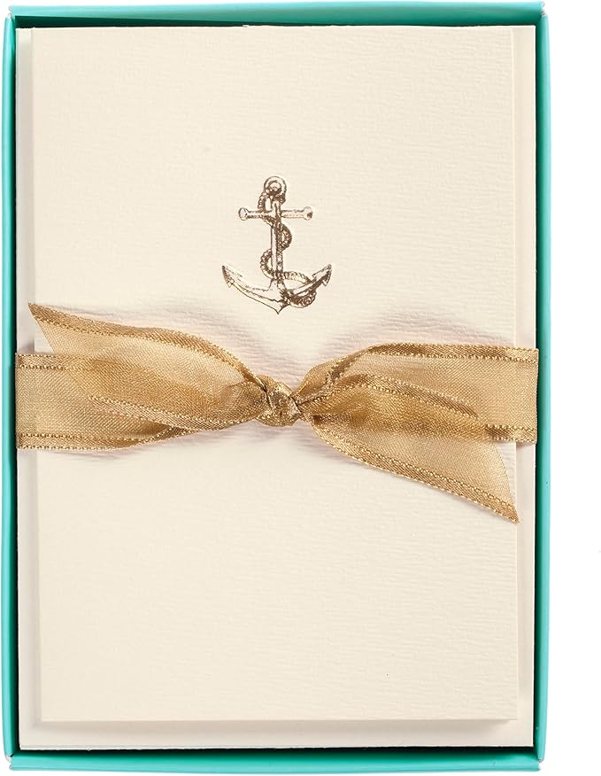 Graphique Anchor La Petite Presse Boxed Notecards - 10 Embossed and Embellished Gold Foil Anchor Blank Cards with Matching Envelopes, 3.25" x 4.75 '