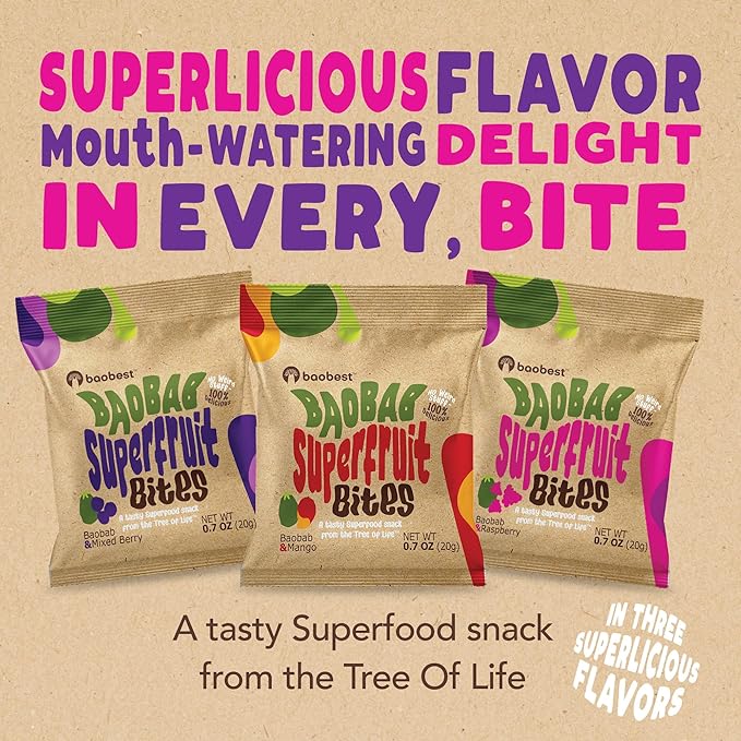 Baobest Superfruit Bites - Baobab Chews Mixed Berry Snack Pack - Vegan, Gluten Free, Preservative Free, Palm Oil Free, High Vitamin C Superfood Snack from The Tree of Life - 30 Servings