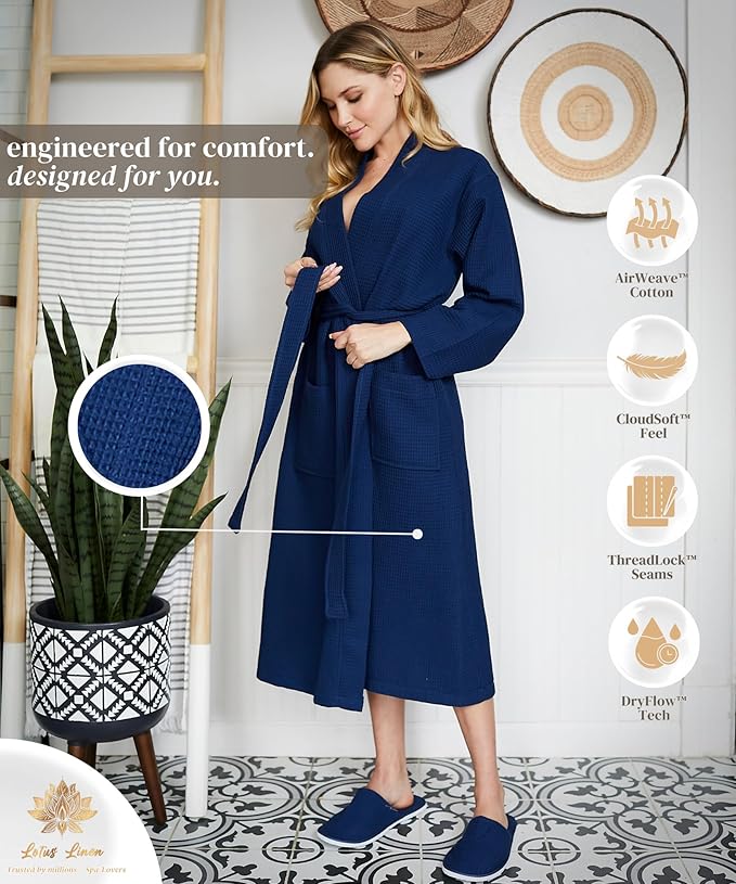 Lotus Linen Waffle Robes for Women - Lightweight Cotton Kimono Bathrobe - Long Soft Spa Bath Robe