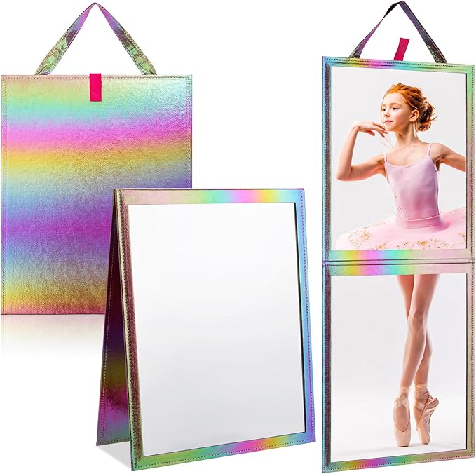 Chunful Foldable Backstage Mirror with Handle Holographic 33.5 X 13.4 Inch Folding Hanging Mirror Rectangular for Travel Dance Bag Home Fitness Spa Gift for Dancers(Dark Purple)