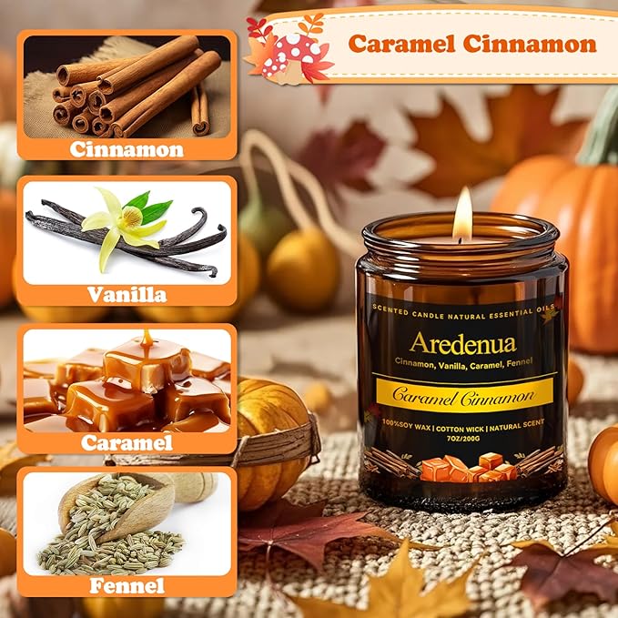 Caramel Cinnamon Candle - Fall Candles | Cinnamon Scented Candles for Autumn, 7oz Fall Soy Candles for Home Scented, 50 Hours Burn Time, Cozy Season/Halloween/Thanksgiving/Autumn Gifts for Women Men