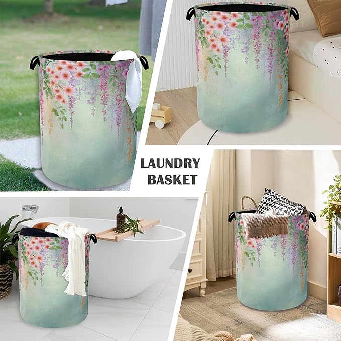 Colorful Flowers Laundry Basket,Foldable with Handles Tote Bag Oxford Cloth for Bathroom Bedroom Dirty Clothes Storage Bucket 16" x 20.8"