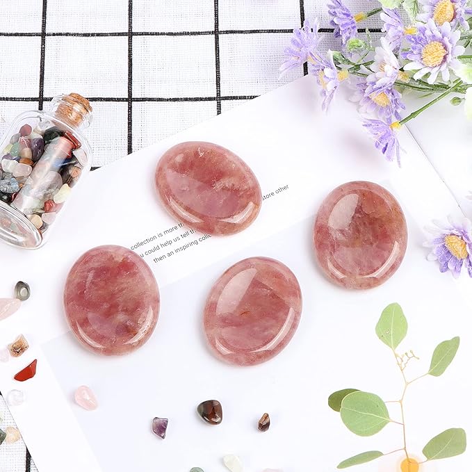 2" Strawberry Quartz Worry Stone Cherry Palm Stones Healing Crystals for Anxiety Meditation Thumb Stone Witchy Strawberry Decor Gift