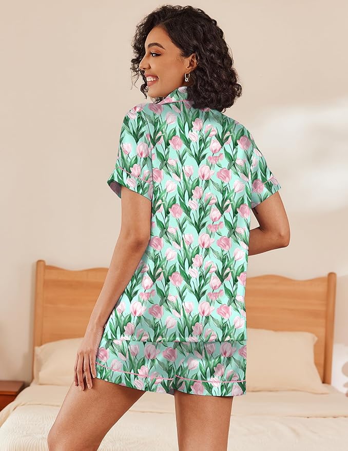 Ekouaer Silk Pajamas for Women Short Sleeve Sleepwear Soft Button Down Loungewear 2 Piece Satin Pjs Shorts Set S-XXL