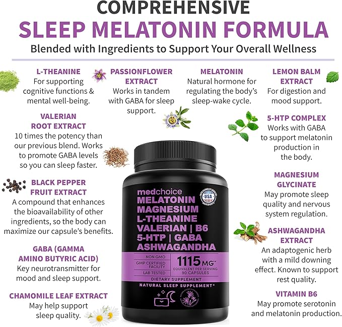 12-in-1 Melatonin Sleep Capsules - Natural Sleep Aids for Adults with Melatonin 5mg and Magnesium Glycinate 500mg, Sleep Aid with Ashwagandha, L Theanine, Valerian Root, GABA, 5-HTP (90ct, Pack of 4)