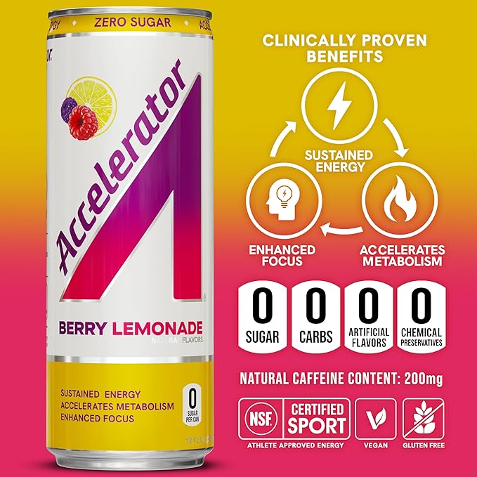 Accelerator Energy Drink Sugar Free, Berry Lemonade 12oz can(12 pack),Zero Sugar Energy Drinks with Sustained Energy from 100% Natural Caffeine (200mg) & Green Tea extract