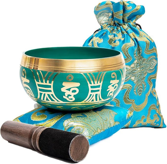 Tibetan Singing Bowl Set - Authentic Handcrafted Mindfulness Meditation Holistic Sound 7 Chakra Healing by Himalayan Bazaar (Turquoise)