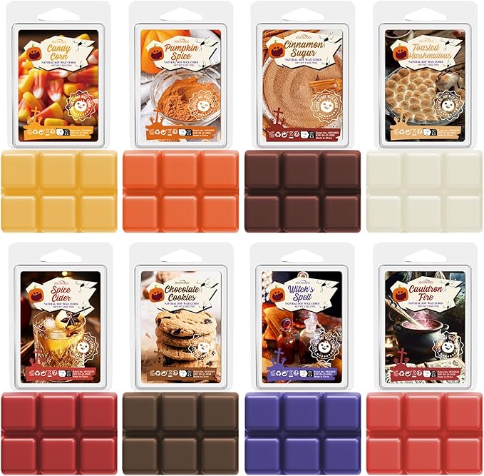 Halloween Scented Wax Melts, 8 Pack Soy Wax Cubes for Wax Warmer, Strong Fragrance Tarts - Candy Corn, Spice Cider, Cinnamon Sugar, Roasted Marshmallows and More, Candle Wax Melts Gift Set