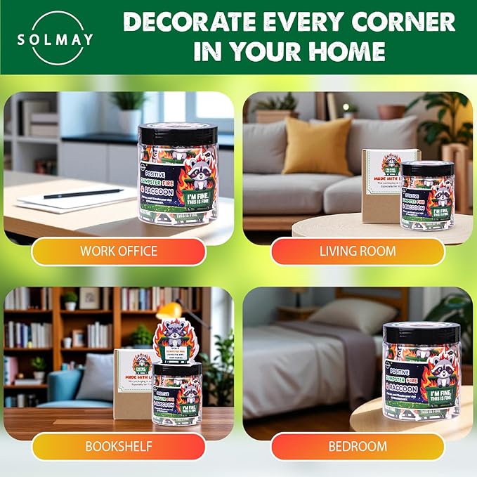 Funny Raccoon Dumpster Fire Affirmation Jar – 60 Sarcastic Positive Notes for Emotional Support, Mini Dumpster Fire Gift for Coworkers, Funny Office Desk Decor & Stocking Stuffers – SOLMAY