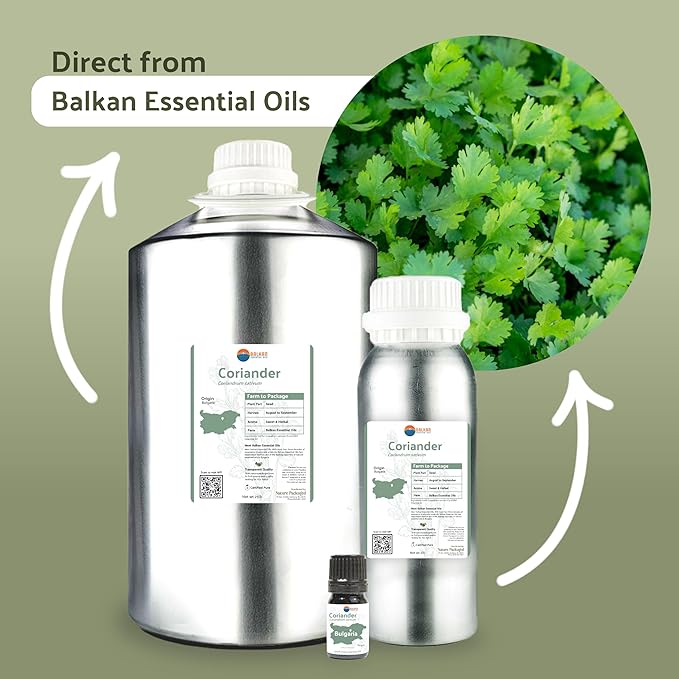 Coriander Essential Oil - Direct from Bulgarian Balkan Mountains - Steam Distilled - Aceite Cilantro for Aromatherapy, Massage, Diffuser, DIY Candle and Soap Making - 5ml