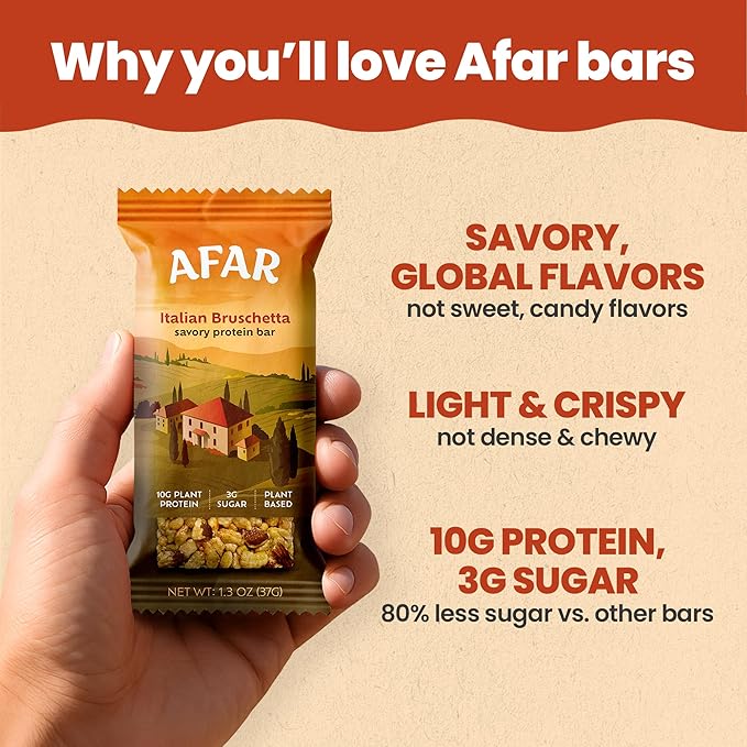 Afar Savory Protein Bars – Low Sugar, High Protein – Healthy Snacks for Adults – Meal Replacement Bar – Rice Crispy Texture – Vegan, Gluten Free (8 Bars, Variety Pack)
