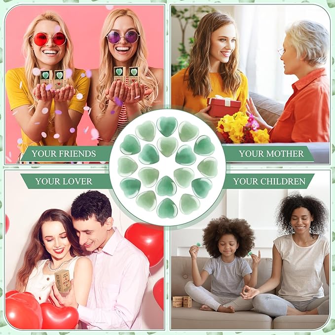 Landical 50 Sets Pocket Hug Token Gifts Small Crystal Heart Stones Bulk with Boxes Mini Heart Shape Natural Stones for Colleagues Family Distance Social Celebration of Life Gifts(Green)