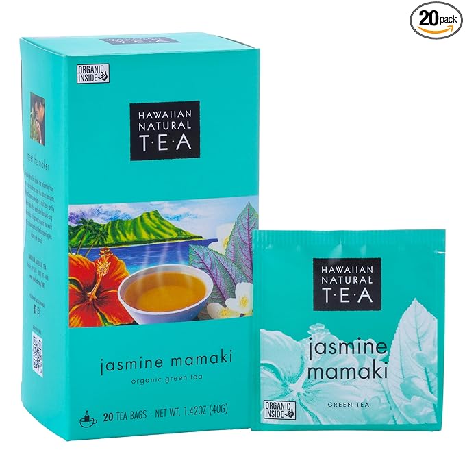 Hawaiian Natural Tea Organic Mamaki Jasmine Green Tea Blend - Antioxidant-Rich For Calming, Wellness, Bedtime, Anxiety & Stress - Gift for Special Ocassions, 20 Bags