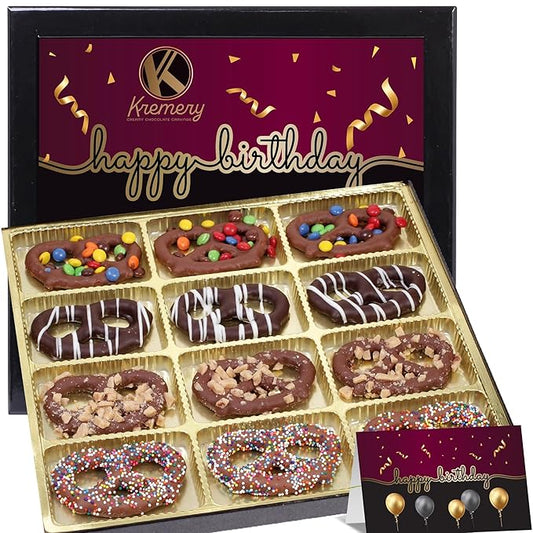 KREMERY Creamy Chocolate Cravings - Birthday Treats, Chocolate Covered Pretzel Twists Gift Basket, in Sectional Gift Box + Greeting Card (12 Pretzels, Assorted Sweet Toppings) Food Assortments