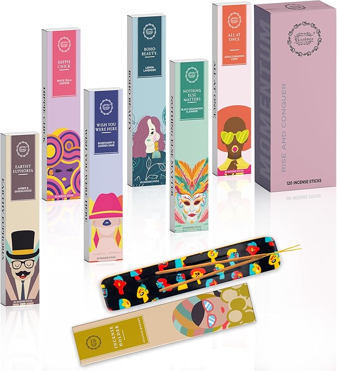 Raajsee Natural Incense Sticks Variety Pack with Incense Stick Holder, Pack of 6 Organic Insence Sticks,120 Inscents-Sticks, Meditation Gifts for Spiritual Cleansing - Organic Incense Sticks Non Toxic