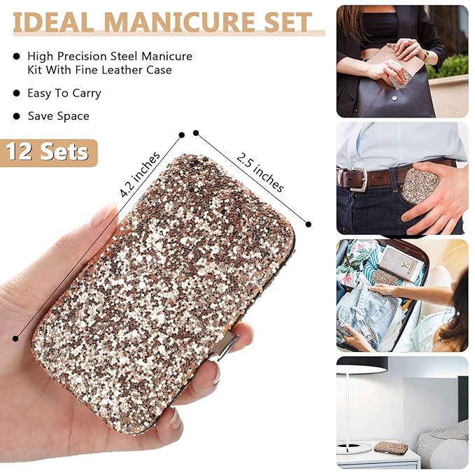 Geosar 12 Set 8 in 1 Manicure Set Stainless Steel Nail Clippers Kit Pedicure Care Tools with Leather Case Travel Grooming Kit Gift for Women Men(Glitter Rose Gold)