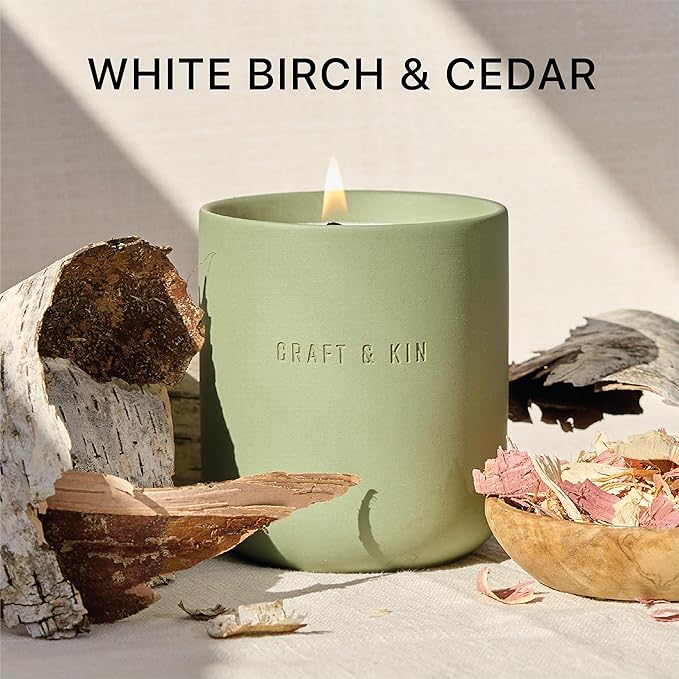 Craft & Kin Scented Candles - White Birch & Cedar | 10oz Soy Blend with Cotton Wick | Long-Lasting Fall Candles, 40-Hour Burn | Ceramic Jar, Perfect Fall & Winter Home Scent