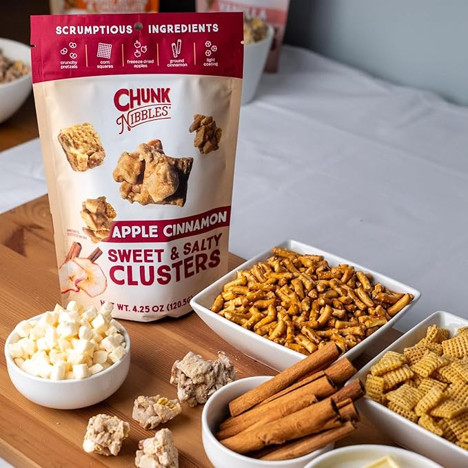 Chunk Nibbles Apple Cinnamon Snack Clusters - Award-Winning Blend with Real Apples, Pretzels & Corn Squares - Cozy Fall Flavor, Handcrafted - Gourmet Treat - 4.25oz Resealable Pouch (3 Pack)