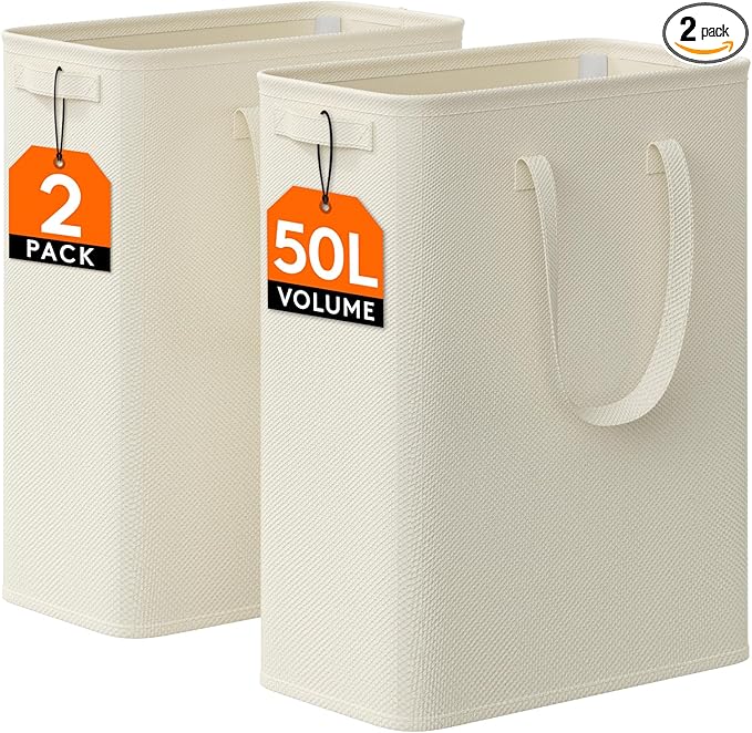 Lifewit 2 Pack Slim Laundry Hamper, Collapsible Narrow Laundry Basket, Small Tall Dirty Clothes Hampers with Handles for Bathroom Bedroom College Dorm, White, 50L