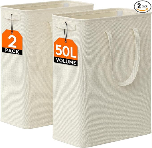 Lifewit 2 Pack Slim Laundry Hamper, Collapsible Narrow Laundry Basket, Small Tall Dirty Clothes Hampers with Handles for Bathroom Bedroom College Dorm, White, 50L