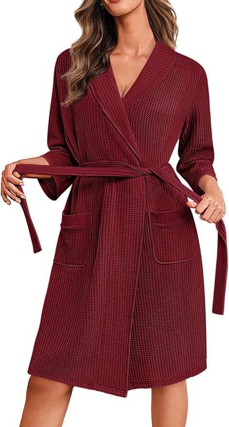 Ekouaer Robes for Women Waffle Knit Bathrobe Lightweight Kimono Robe Knee Length Loungewear with Pockets