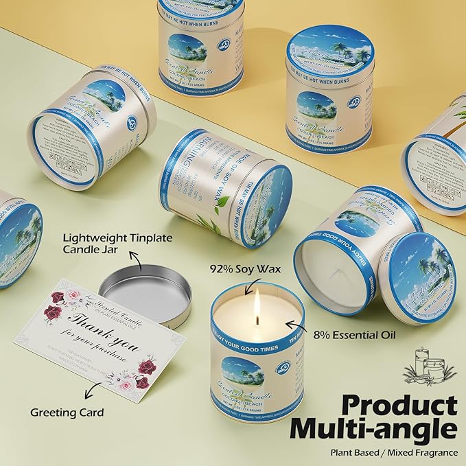 Coconut Beach Scented Soy Wax Candles | 2 Pack 510g 80H Burn Time 8% Essential Oils | Aromatherapy Jar Tin Candle for Stress Relief | Perfect Home Meditation, Yoga, Spa Stylish Gift for Men and Women