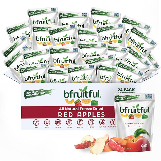 bfruitful Freeze-Dried Apple, Freeze Dried Fresh Fruit Bites, Gluten Free, Vegan, Dairy Free, Kosher, No Sugar Added, Non GMO, Healthy Snacks for Kids or Adults, 0.56 oz Single-Serve Snack Packets, 24 Pack