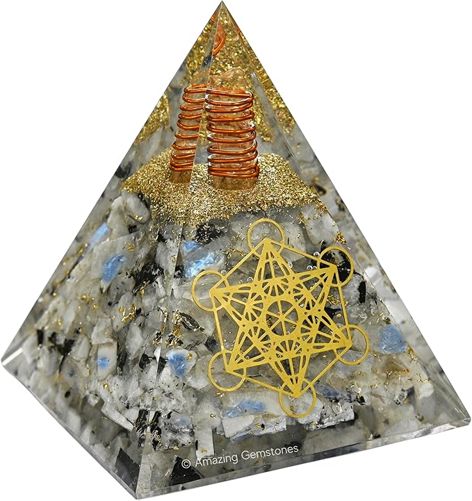 Amazing Gemstone Organite Orgone Pyramid Extra Large 105 MM - Metatron Cube Orgone Energy Pyramid with Rainbow Moonstone Crystals and Healing Stone - Orgonite Pyramids Crystals and Positive Energy