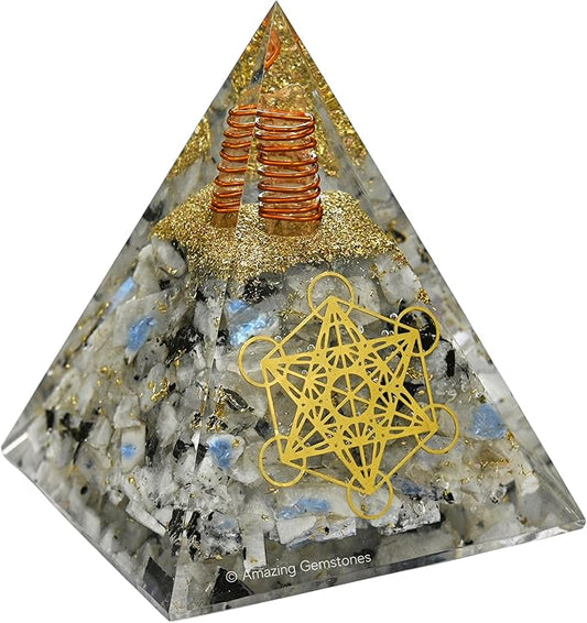 Amazing Gemstone Organite Orgone Pyramid Extra Large 105 MM - Metatron Cube Orgone Energy Pyramid with Rainbow Moonstone Crystals and Healing Stone - Orgonite Pyramids Crystals and Positive Energy