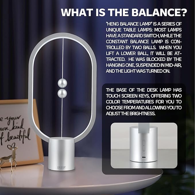 Heng Balance Light, USB Powered LED Table lamp, Creative, Magnetic Switch Night Light, dimmable Eye Protection Table lamp, Used for Gifts, Decoration Bedside, Dormitory and Office(Silver)