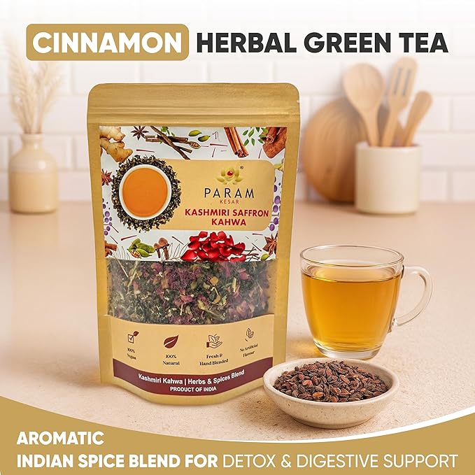Param Kesar Organic Saffron Cardamom Cinnamon Herbal Green Tea | Detox & Digestive Support | Aromatic Indian Spice Blend with Rose & Licorice | 100g Loose Leaf Tea