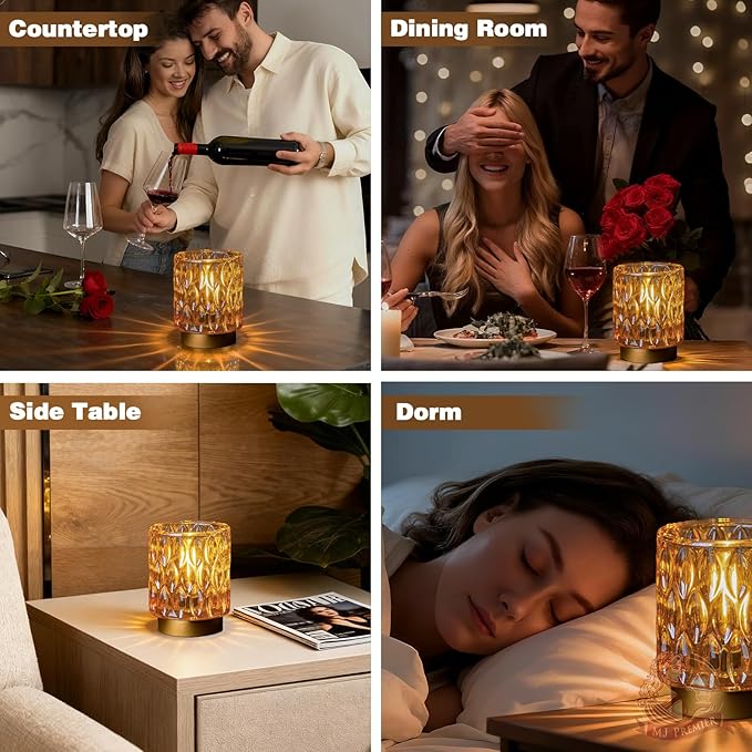 Battery Operated Table Lamps Timer, Mini Crystal Lamp for Area No Plug, Cordless Lamp with LED Bulb for Power Outage, Decorative Lamps for Tabletop/Corner/Entryway/Stairway/Bathroom/Fireplace (Amber)