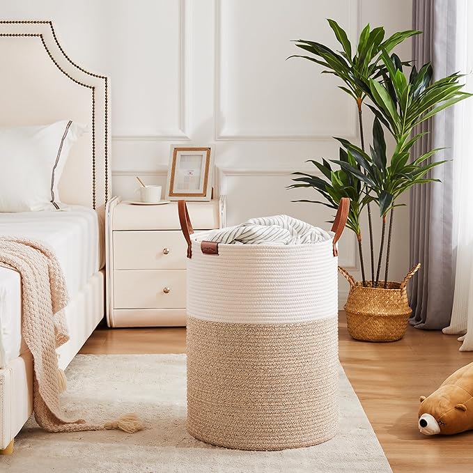 62L Woven Rope Hamper Laundry Basket for Clothes Hamper in Living Room Bedroom Bathroom for Nursery Kids Brown Large Tall