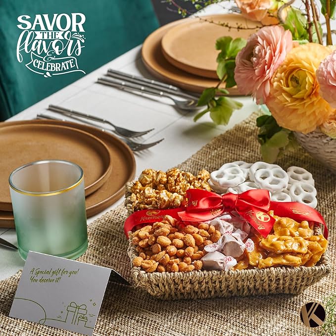 KREMERY Creamy Chocolate Cravings - Diwali Sweets Hamper Chocolate Covered Pretzels & Caramel Popcorn Gift Basket, in Seagrass Tray + Ribbon (Classic, 1.5 lbs) Food Arrangement