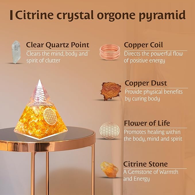 Orgone Citrine Pyramid for Success Handcrafted Orgonite Crystal Pyramid for Energy Balance, Meditation, Home Decor & Chakra Support
