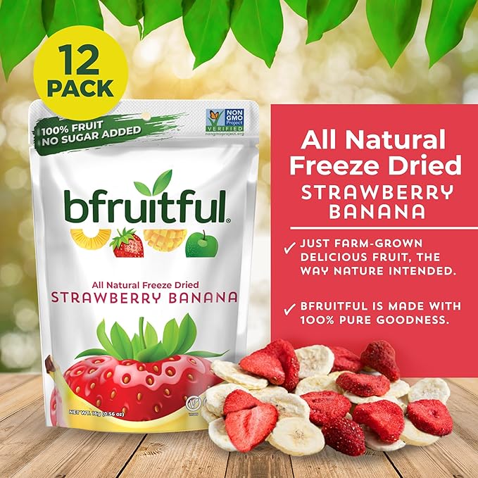 bfruitful Freeze-Dried Strawberry Banana, Freeze Dried Fresh Fruit Bites, Gluten Free, Vegan, Dairy Free, Kosher, No Sugar Added, Non GMO, Healthy Snacks for Kids or Adults, 0.56 oz Single-Serve Snack Packets, 12 Pack