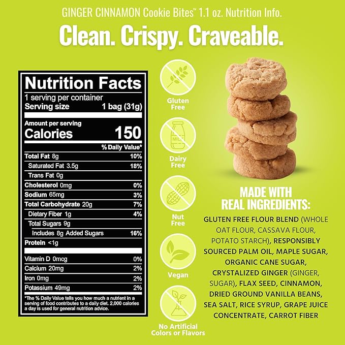 Every Body Eat Crunchy Cookie Bites, Gluten & Dairy Free, Vegan, School Safe Lunch Snacks, Single Serve (Pack of 20) (Ginger Cinnamon)