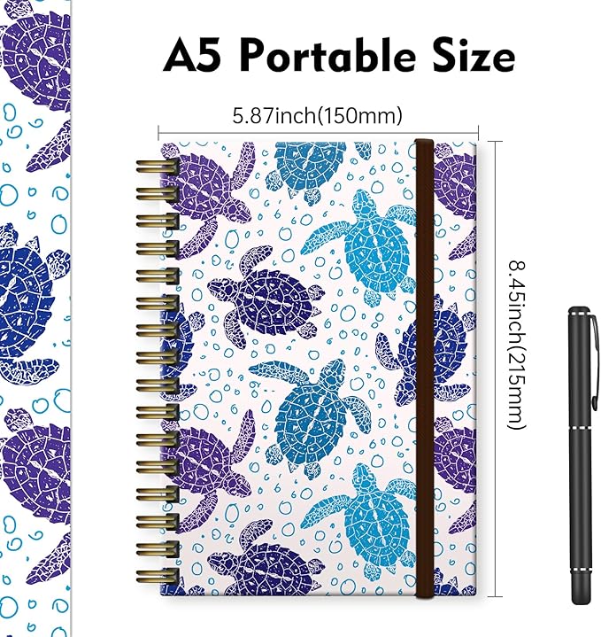 Cute Spiral Notebook, Journal for Women, Hardcover Spiral Journal, 5.5 x 8.3 Inches, 120 Pages,100gsm Paper, for Gifts Nurse Teacher Women Office Supplies(Cute turtle)