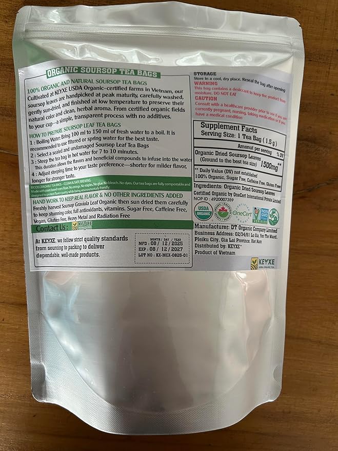 KEYXE - USDA Organic Soursop Graviola Leaves Tea 90 Bags. Non-GMO Verified , 100% Organic Soursop Leaves for Digestion, Boosting Immune, Improving Sleep & Skin Health, Gluten Free, Caffein Free , Hojas De Guanabana Tea Organica, Eco-Conscious Tea Bags