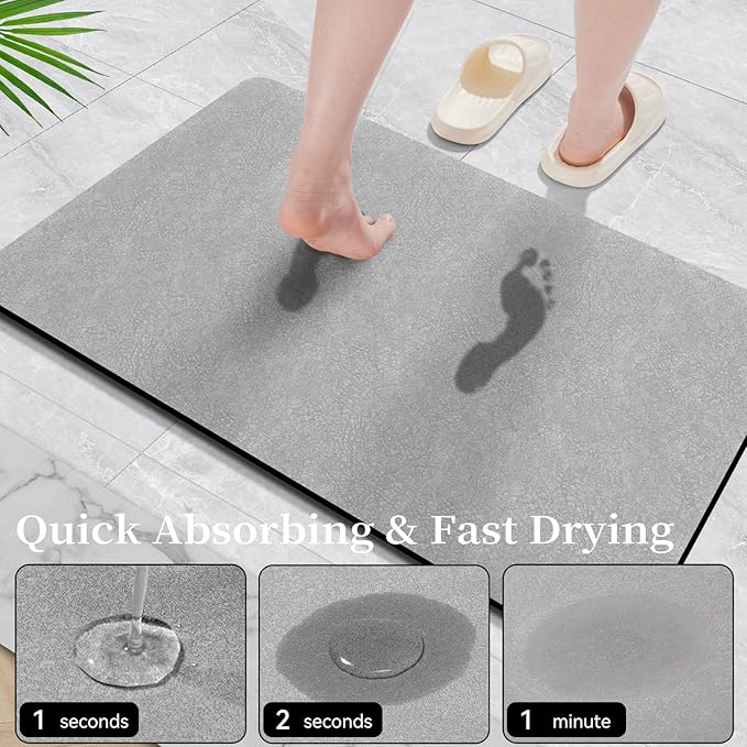 Bathroom Mat Rugs Sets 2 Piece - Quick Dry Super Absorbent Bath Mat for Bathroom Diatomaceous Earth Bathroom Rug with Rubber Backing Non-Slip Bath Mat Rugs for Shower Floor, 47x17 + 24x17, Grey