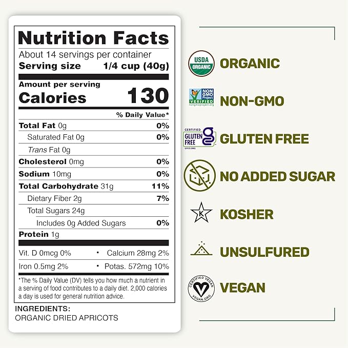 Happy Village Organic Turkish Sun-Dried Apricots, 20 OZ Resealable Bag, No Added Sugar Dried Fruit, USDA Organic, Non-GMO, Kosher, Vegan, Unsulfured, High in Fiber