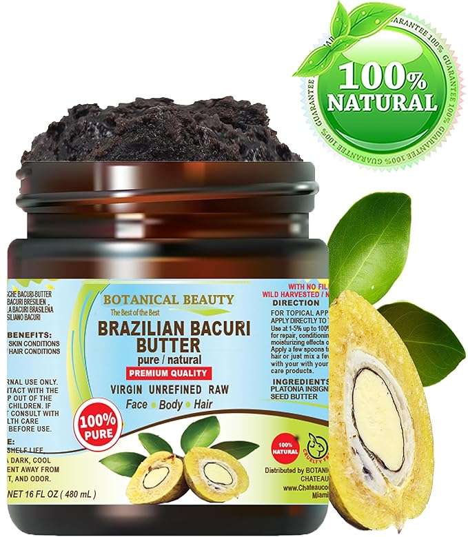 Botanical Beauty Brazilian BACURI BUTTER 100% Pure Natural VIRGIN UNREFINED for FACE, SKIN, BODY, HAIR, NAILS Skin Moisturizer Butter, Skin Nourishing Butter (16 Fl Oz)
