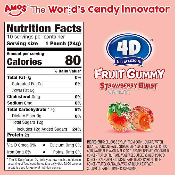 AMOS 4D Gummy Strawberry Burst Candy – Juice-Filled Strawberry-Shaped Gummy Candy, Gluten-Free Fruit Snacks, 8.47oz (240g)