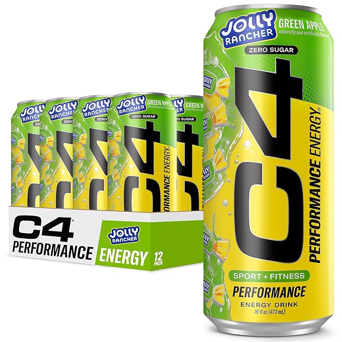 Cellucor C4 Performance Energy Drink | JOLLY RANCHER Green Apple | Zero Sugar Carbonated Preworkout Energy | 200mg Caffeine with Beta Alanine | 16 Fl Oz (12 Pack)