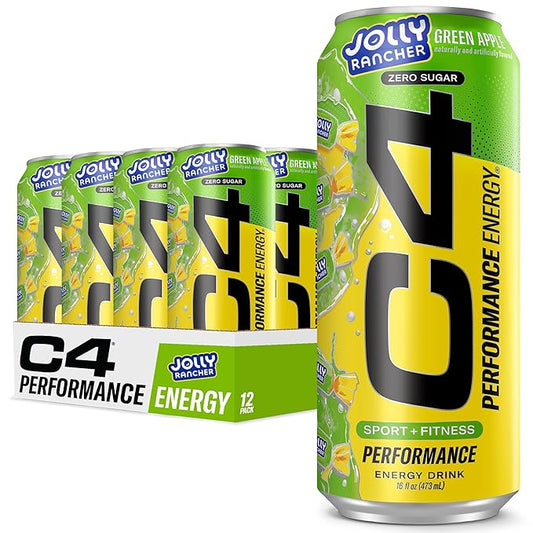 Cellucor C4 Performance Energy Drink | JOLLY RANCHER Green Apple | Zero Sugar Carbonated Preworkout Energy | 200mg Caffeine with Beta Alanine | 16 Fl Oz (12 Pack)